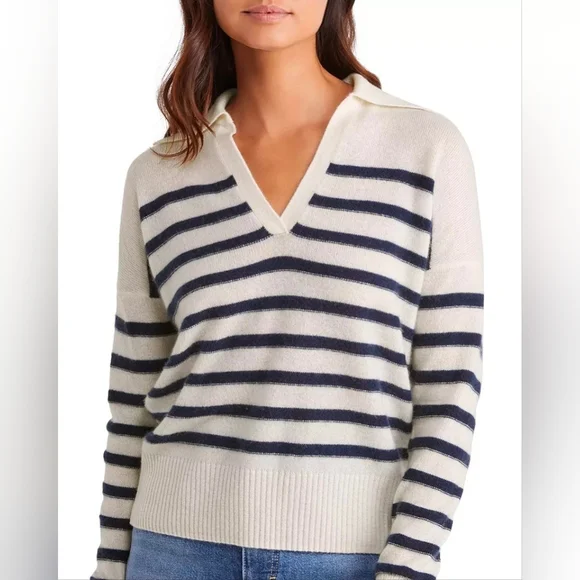 Vineyard Vines Cream and Black Striped V-Neck Sweater - Picture 3 of 10